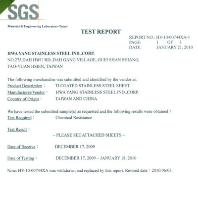 SGS Ti-Coating: Chemical Resistance report
